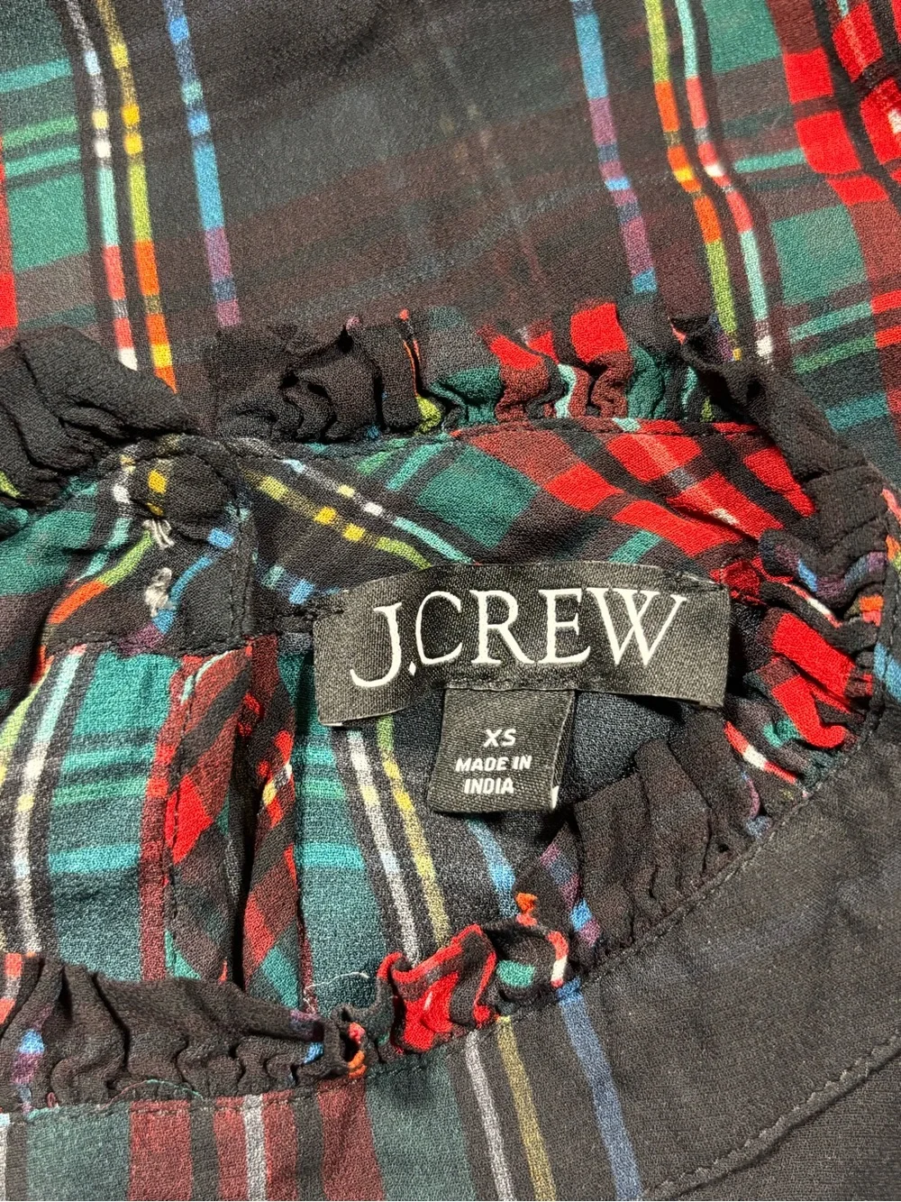 J.Crew Ruffleneck Top Stewart Tartan Chiffon XS Plaid Holiday Red Green Sheer